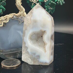 Agate Quartz Druzy Point Tower Black Mineral Inclusions Black 2.95" Tall  4.5oz